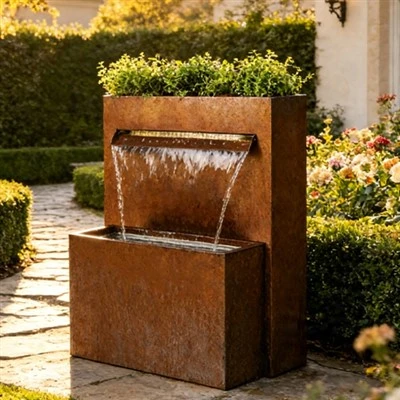 Brunnen aus Cortenstahl mit Blumentopf